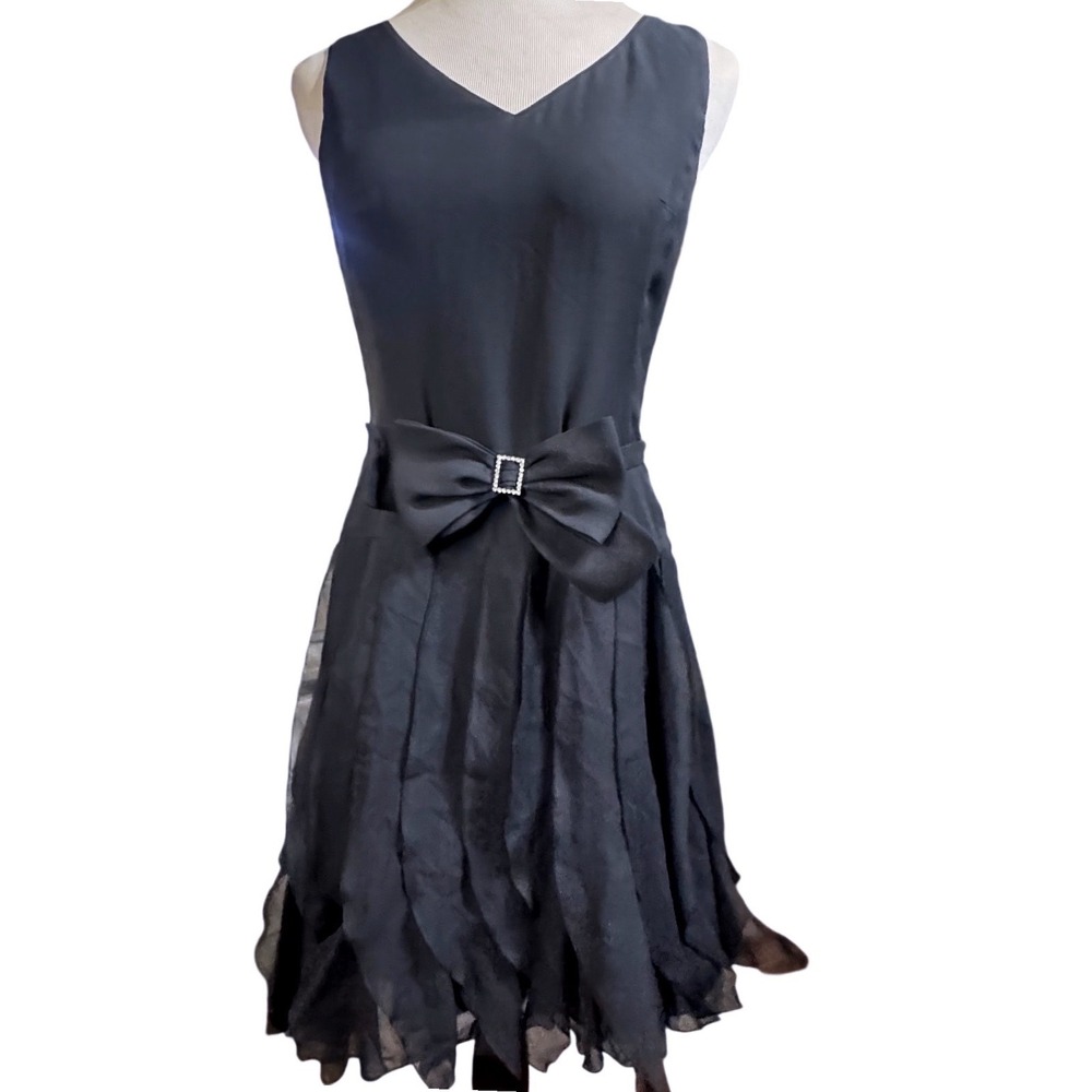 Michelle Antonelli Silk Cocktail Dress Womens 6 Layered Flounce Black Bow Belt
